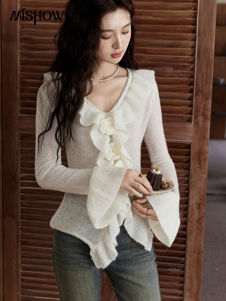 MISHOW Mohair Yarn Ruffled Top for Women Autumn 2024 Slim Waist Knitted Tops Long Sleeve Micro Transparent Sweaters MXD44Z0833