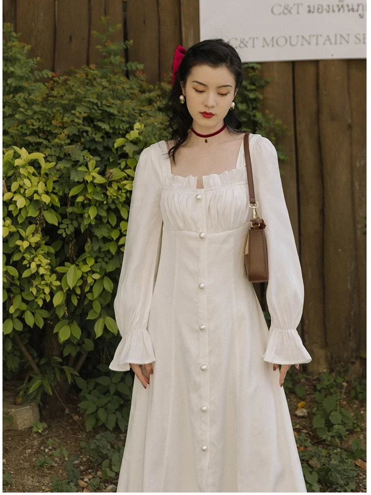 Retro Fairy Core White Dress Woman Vintage Victorian Style Square Collar Flare Sleeve Button Glossy Dresses Vestido Branco