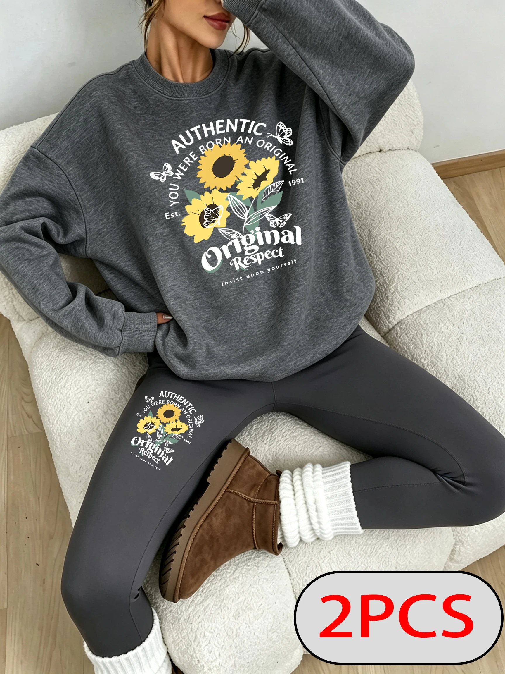 Sunflower Butterfly Respect Design Women'S Sweatshirt Set Casual Fleece Pullover Crewneck Sportswear Autumn Warm Leggings - view 2