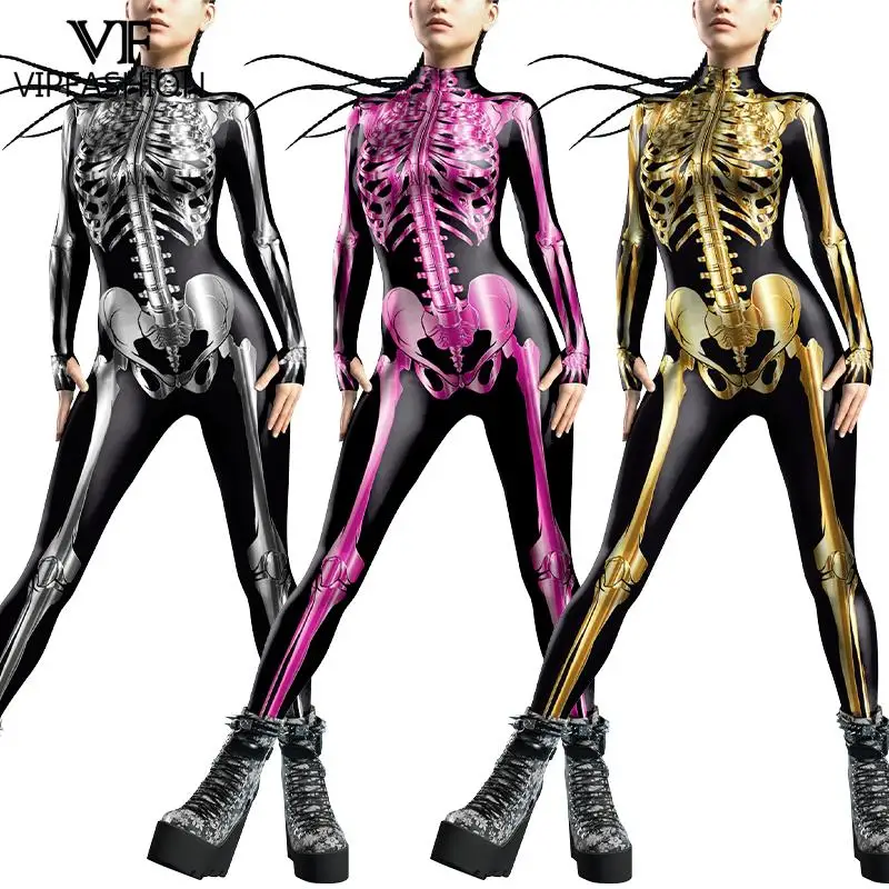 VIP ชุดลายโครงกระดูกผู้หญิงแฟชั่นชุดบอดี้สูท zentai มีซิปด้านหน้าสำหรับฮาโลวีนชุดปาร์ตี้น่ากลัวชุดจั๊มสูทคอสเพลย์ดีไซน์นิ้วหัวแม่มือ