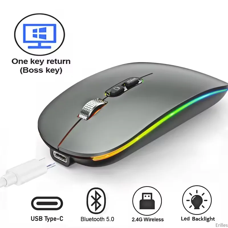 Mouse wireless dual mode 2.4G Funzione desktop con un clic Mouse retroilluminati silenziosi ricaricabili di tipo C per PC portatile Nuovo