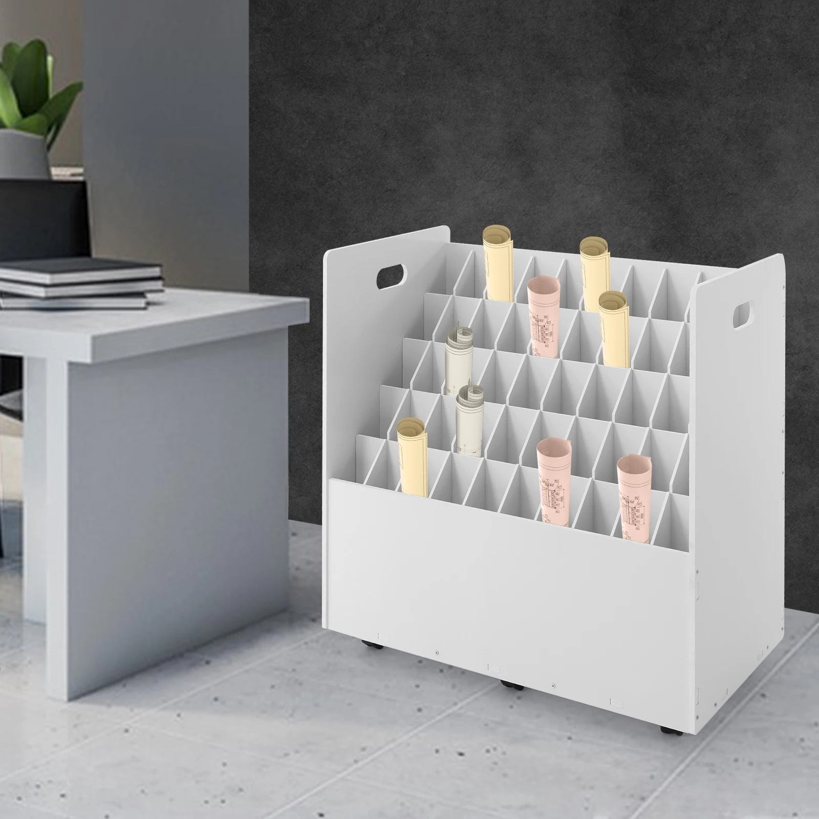 Organizzatore per progetti a 50 slot con ruote, carrello portadocumenti portatile per cartelle, organizer per file da ufficio bianco, schedario con ruote