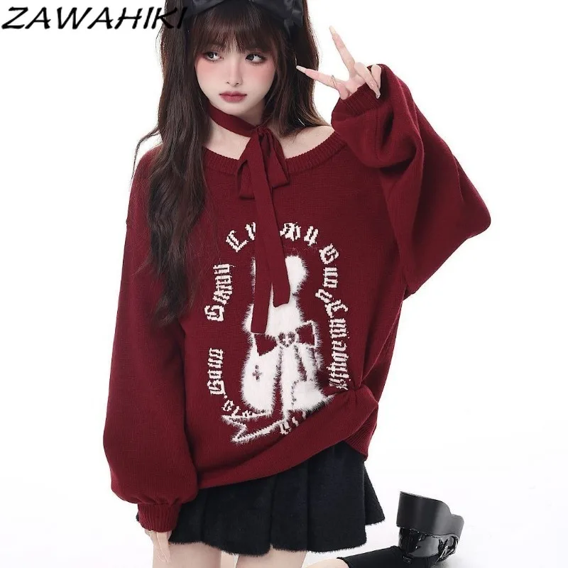 

ZAWAHIKI Sueter Mujer Fall Winter Letter Cartoon Loose Vintage Long Lantern Sleeve Fashion Japanese Sweet O-neck Sweater Women