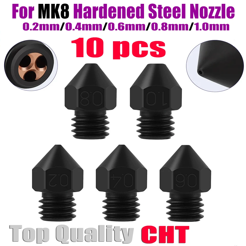 

MK8 CHT Nozzle High Flow Clone cht Nozzle mk8 New Hardened Steel 0.2 0.4 0.6 0.8 1.0mm Nozzles 3D Printer 1.75mm Filament 10 Pcs