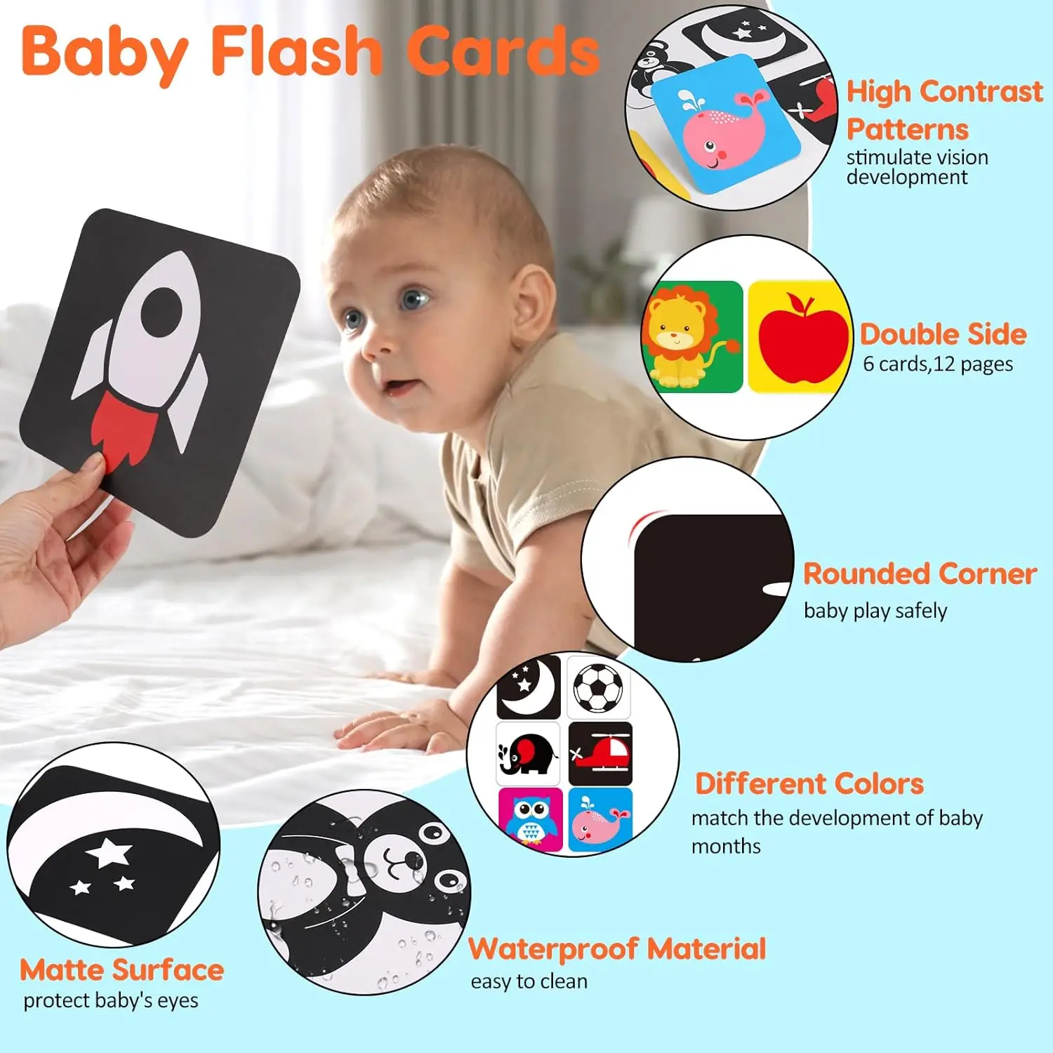 Black and White Baby Book High Contrast Cards Tummy Time Mirror for Infants Montessori Development Craw Activity Sensory Toy