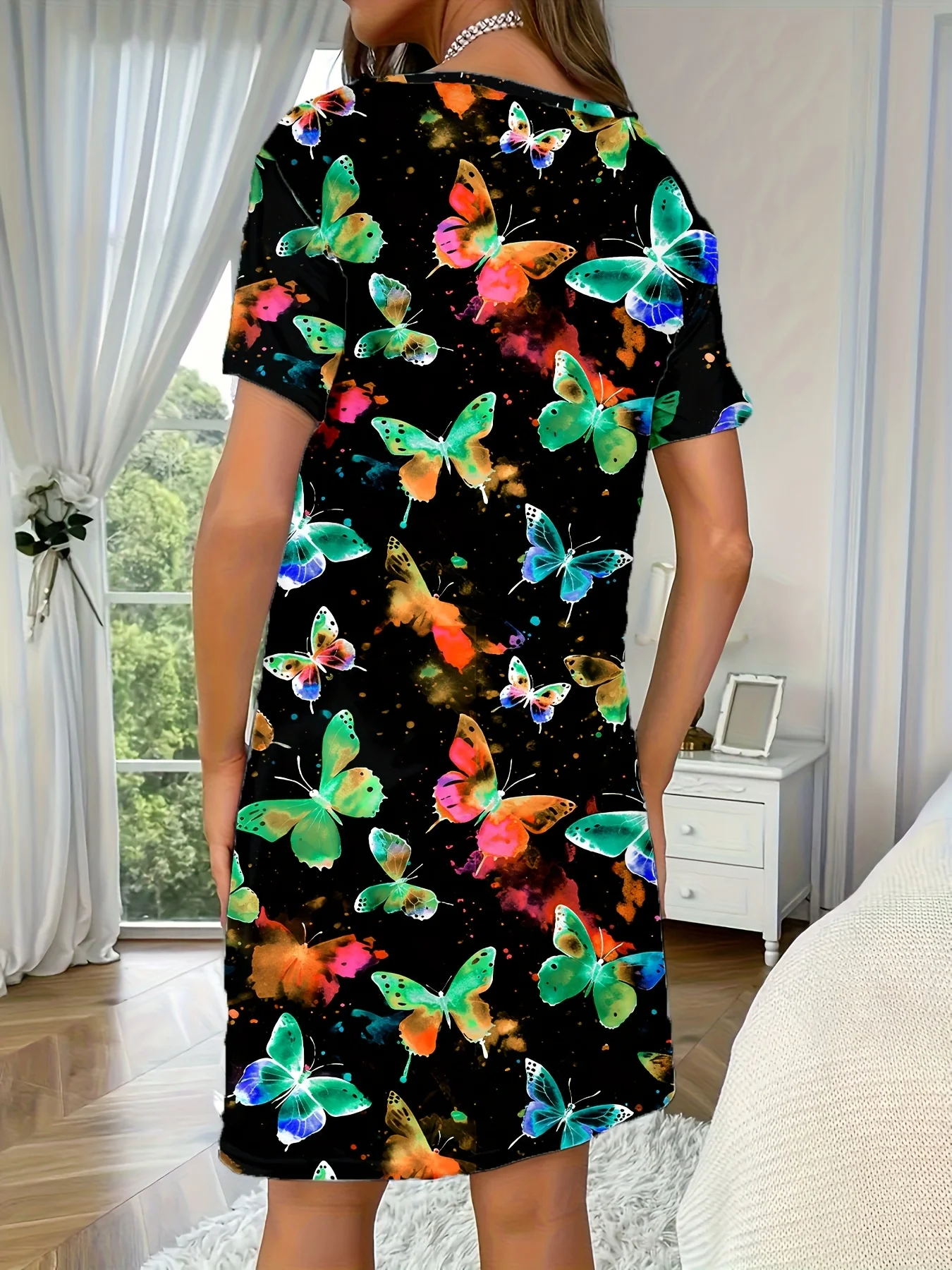 Abito da donna con stampa farfalla e motivo floreale multicolore Abbigliamento da donna Girocollo Manica corta Indumenti da notte Y2k Abbigliamento Top