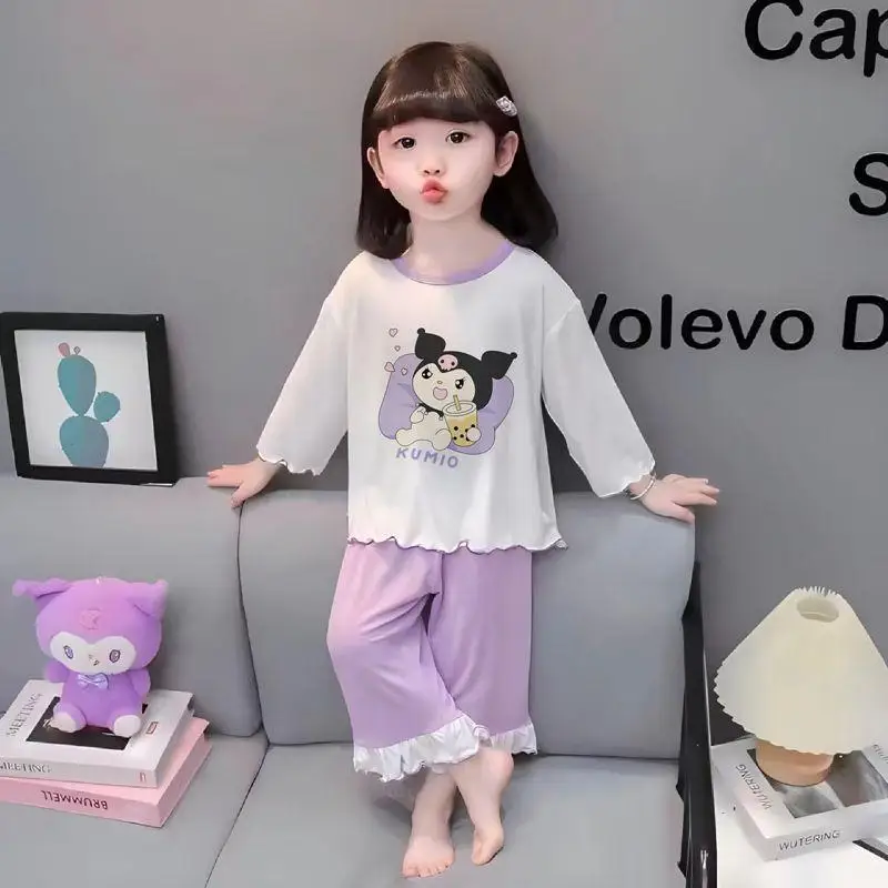 

Sanrio детские пижамы с длинными рукавами из 2 предметов Kuromi для девочек, новый стиль, модные брюки «Hello Kitty Girl», осенняя домашняя одежда с героями мультфильмов