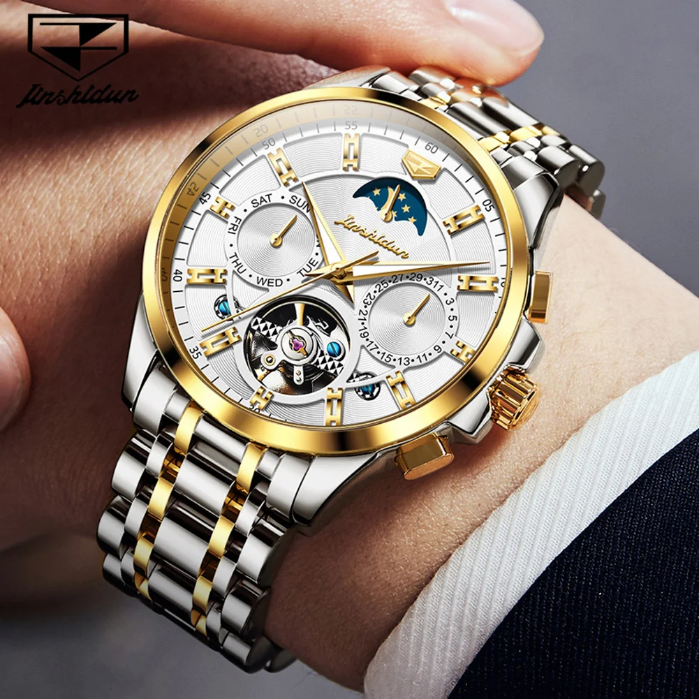 JSDUN Original Automatic Watch for Men Multifunctional Skeleton Hollow Stainless Steel Calendar Moon Phase Luxury Wristwatch Men