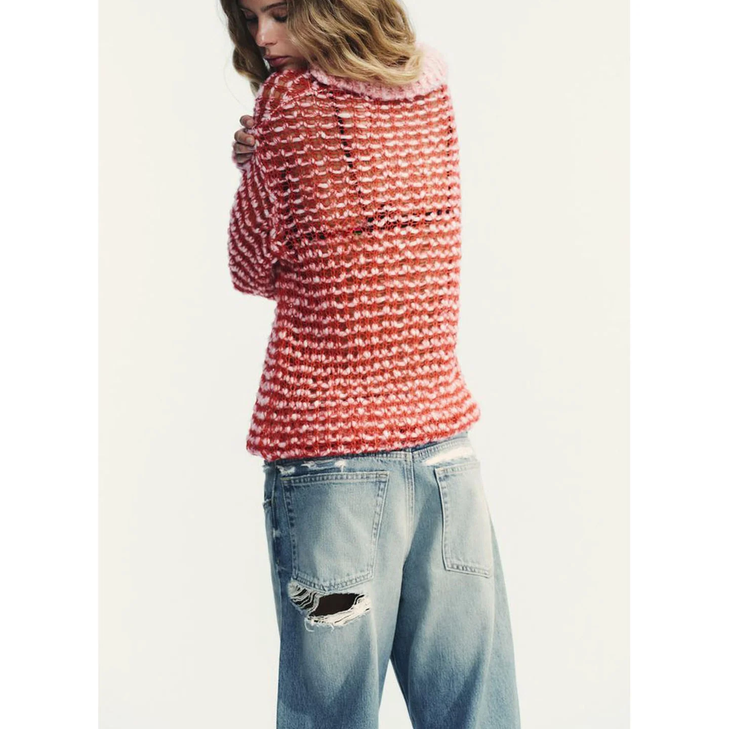 سترة نسائية فضفاضة محبوكة طويلة Sve Ne مزيج الصوف مضلع كسول Sle ألياف البوليستر رقيقة عادية