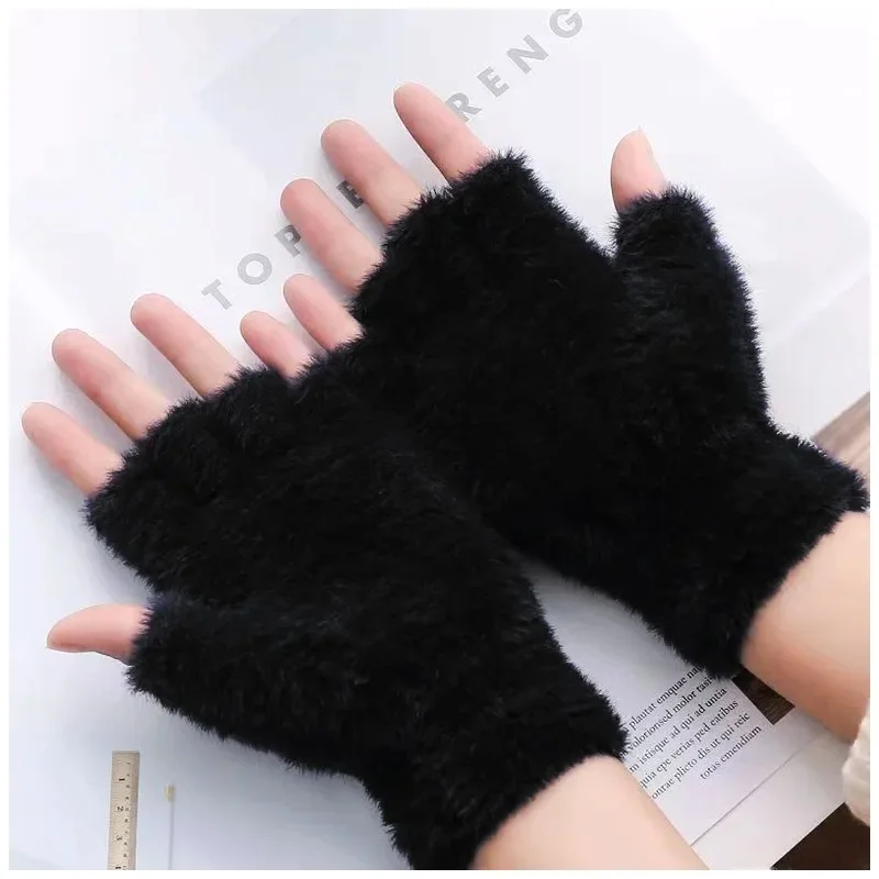 Half Finger Gloves for Women Winter Plush Touchscreen Soft Fashion Warm Imitation Mink Cashmere for Driving Winter Work