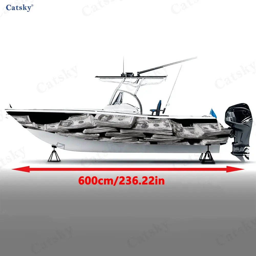 2Pc Boat Exterior Decal Wrap, Cash Money Dollar Pattern, High-Quality Weatherproof Vinyl, Ideal for Recreational Boats Speedboat