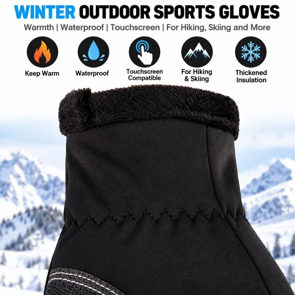 Waterproof Men's Black Winter Gloves with Zipper Touch Screen Thermal Cycling Gloves Elastic Cuff Non Slip Winter Sports Gloves