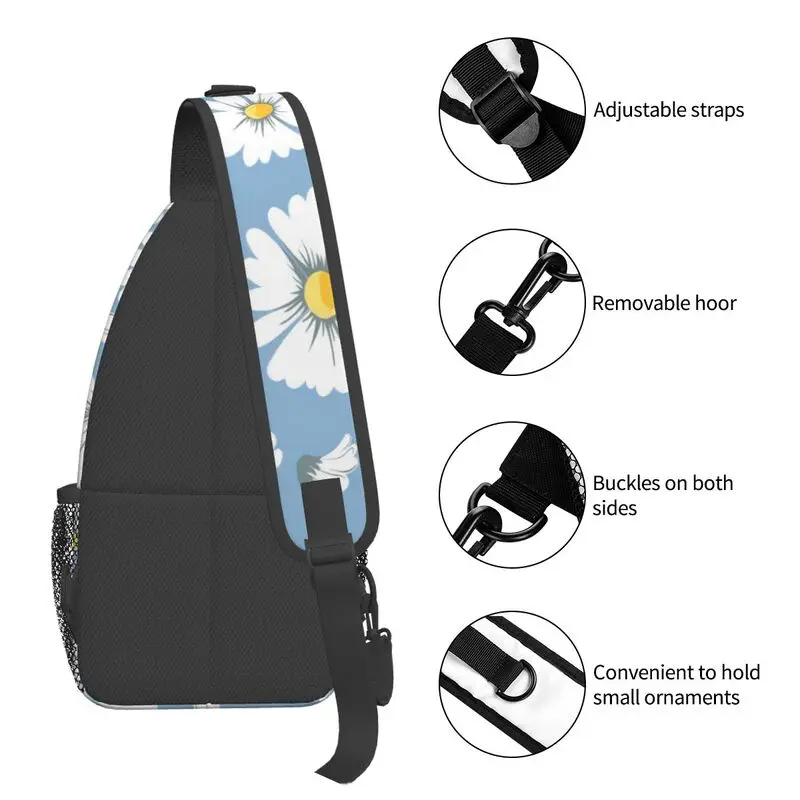 Margarida pequena flor padrão bolsa de peito, bolsa de ombro feminino, esporte e lazer masculino, oblíqua bolsa de Straddle, na moda