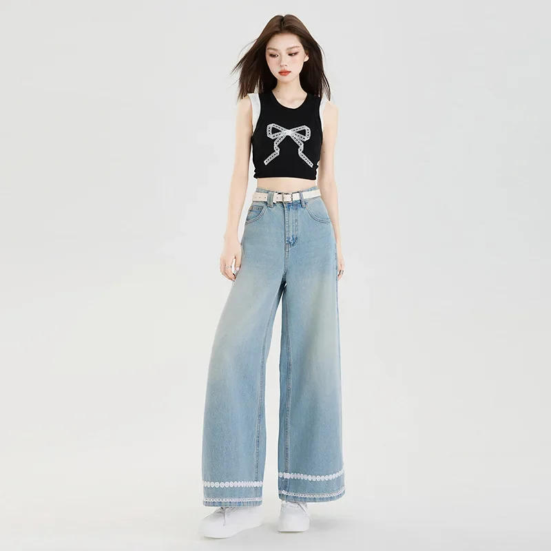 

High Waist Straight Jean Women Ankle Length Jean Lace Spliced Pockets Zipper Fly Loose Fit Casual Wide Leg Trousers