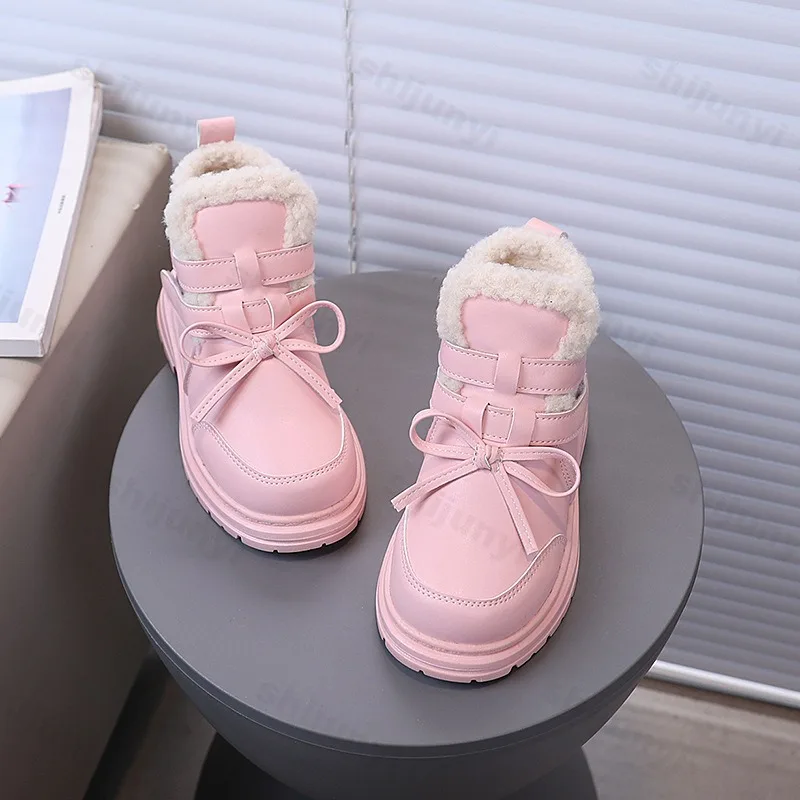 Children Snow Boots 2025 Winter Warm Plush Comfortable Anti Slip Casual Cotton Shoes Girls Cold-proof Sweet Bow Short Boots