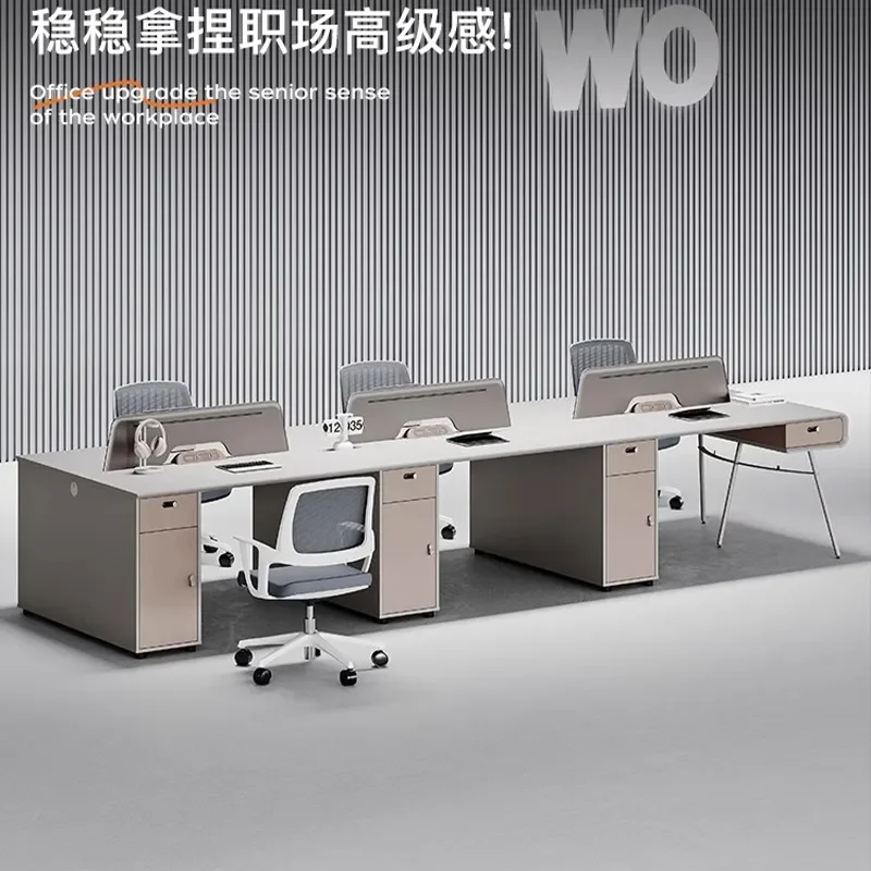 4 Person Office Desk Workstation with Privacy Screen and Chairs Modern Modular Staff Cubicle System Space Saving Partition