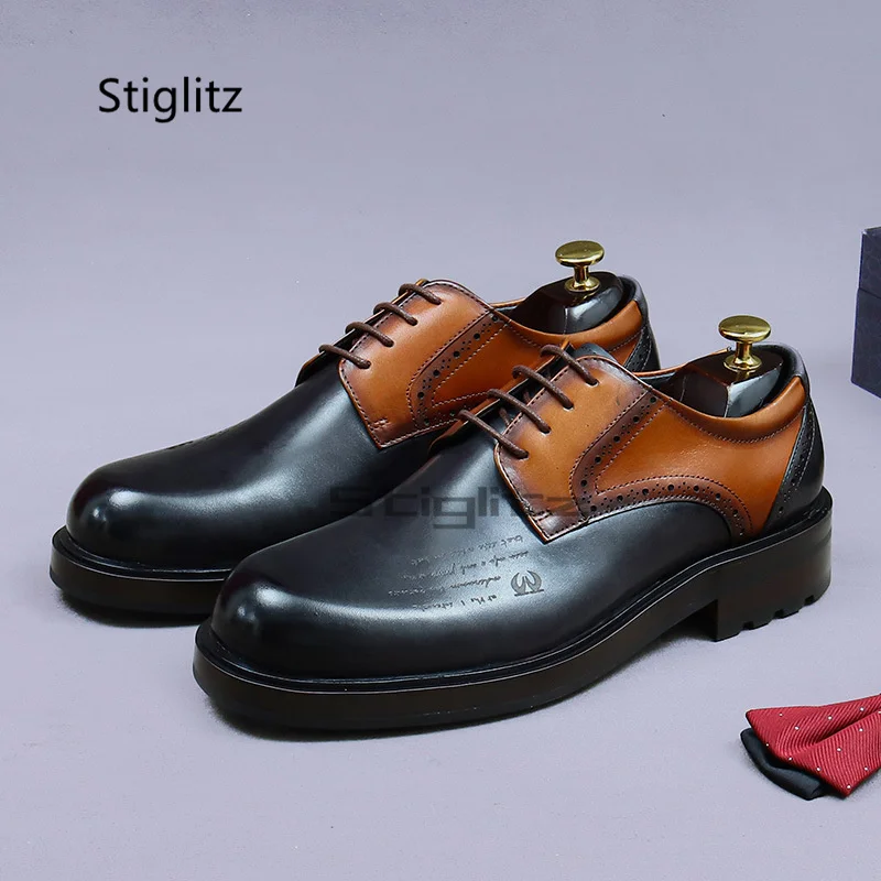 

Business Dress Men's Genuine Leather Shoes Thick Bottom British Style Handmade Patchwork Office Elegant Male Social Shoes