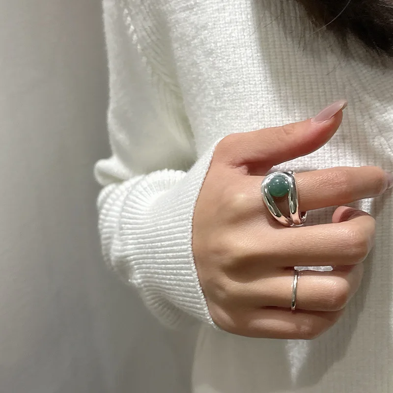 

S925 Silver Korean Version Dong Ling Jade Black Agate Ring Heavy Industry Personality South Korea Texture Small Red Book Gift