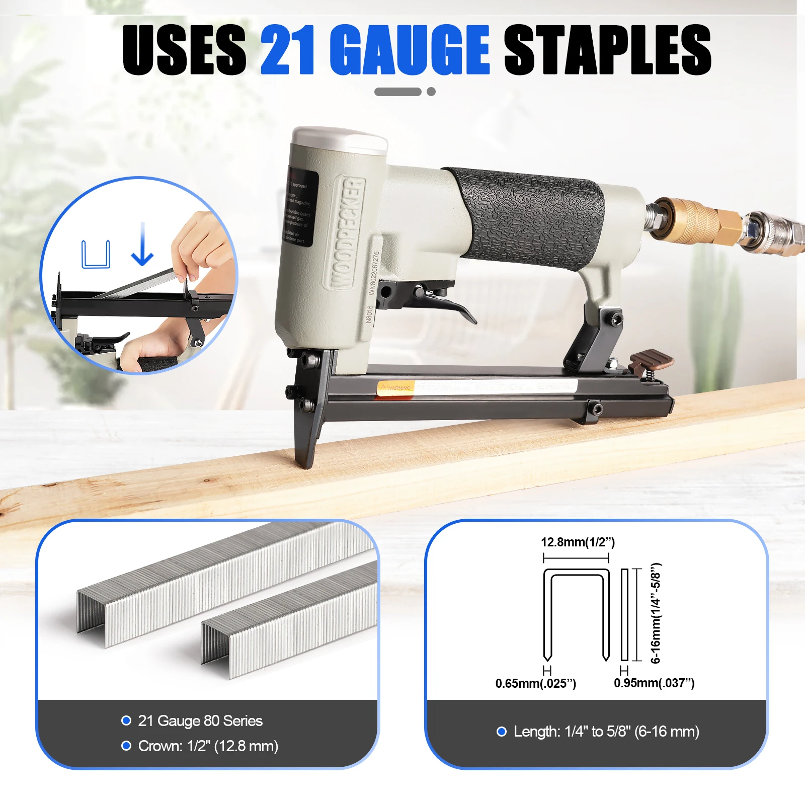 WOODPECKER N8016 21 Gauge Pneumatic Upholstery Stapler Power Tool, 12.8mm Crown 6-16mm Length Fine Wire Staples, for Woodworking