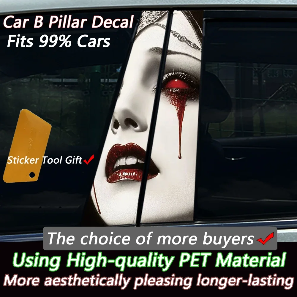 2pcs Vampire Gothic Horror Noir Aesthetic Red Eyes Blood Tears Car Center B Pillar Protective Film Sticker