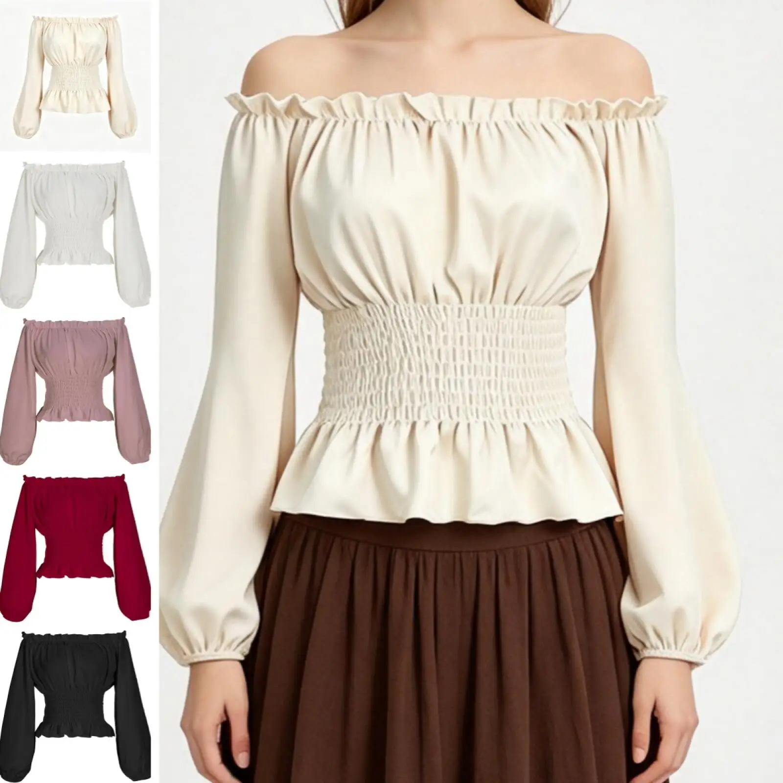 Womens Medieval Women's Renaissance Peasant Shirt Shoulder Long Sleeve Top Pirate Base Shirt Tops for Halloween