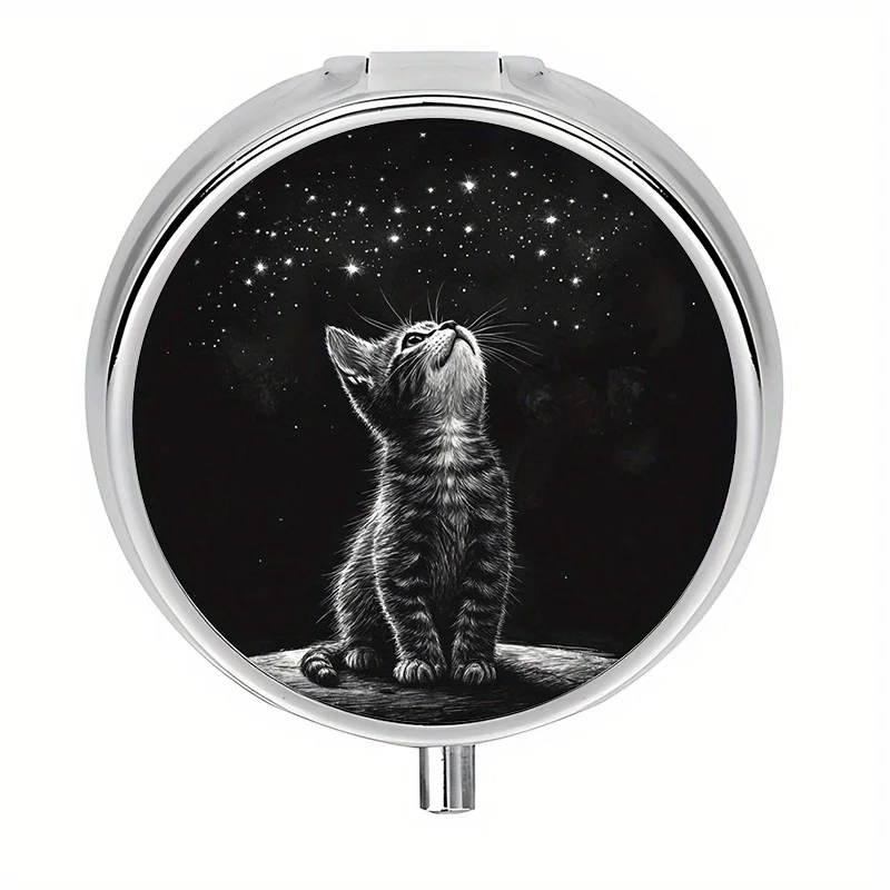 Single-piece, flat, round box, equipped with 3 compartments, starry sky pattern, vitamin storage box, decorative wallet box, metal storage box