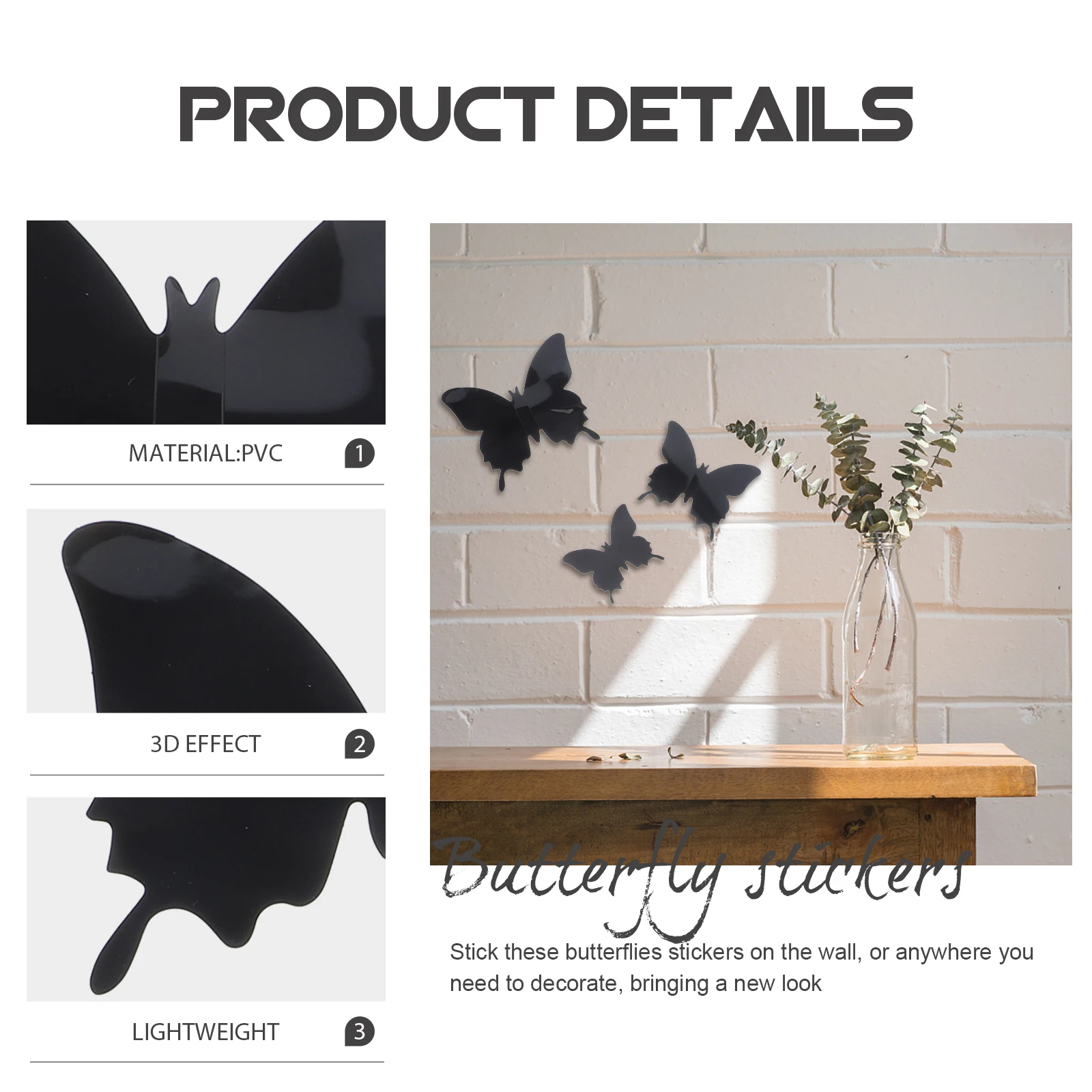 

12 Pcs Cute Realistic Butterfly Wall Sticker Stickers Decorations Black Decorative