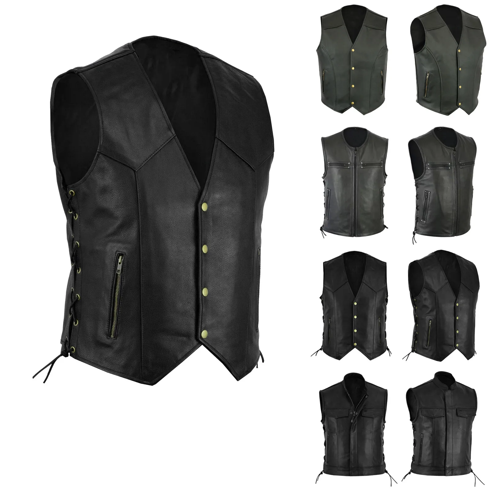 Men Fashion Casual Solid Color Vest Motorcycle Fleet Punk Leather Vests V Neck Sleeveless Slimming Fitting Men\'s Outerwear Vests