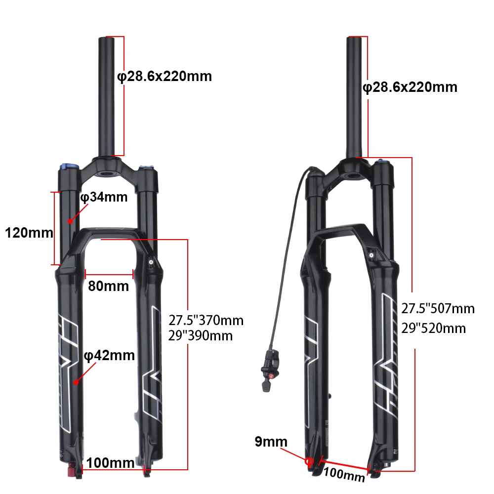 Fahrradgabelaufhängung De Air Mtb 29 mit Rückpralldämpfung 34 mm 27,5/29 Zoll Magnesiumlegierung QuickRelease Travel 120/140 mm