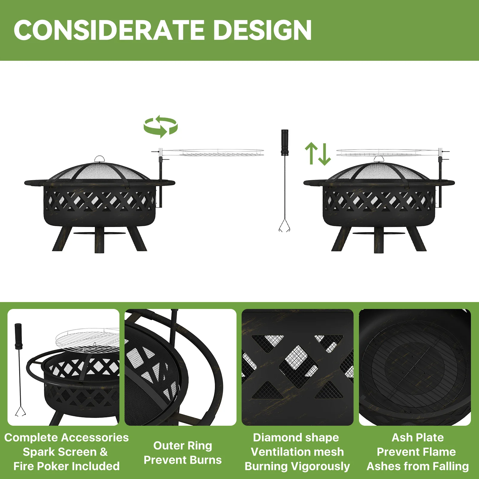 Oneinmil Wood Burning Outdoor Fire Pit with Metal Grill & Fire Poker,With Spark Screen 3 in 1 for Patio/Backyard/Picnic/Party