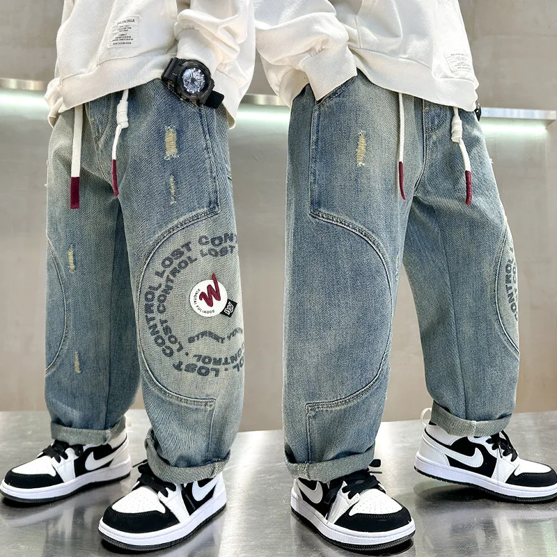 Teen Boys Jeans Spring Fall Children\'s Trousers Loose Fashion Cartoon Ripped Hole Toddler Korean Kids Casual Denim Pants 5-14 Y