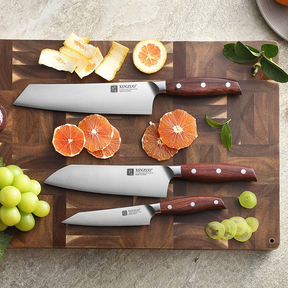 XINZUO 3PCS Stainless Steel Knife Set Utility Santoku Bunka Knives 3 Layers 440C Steel Polished Finish Elegant Red Wood Handles