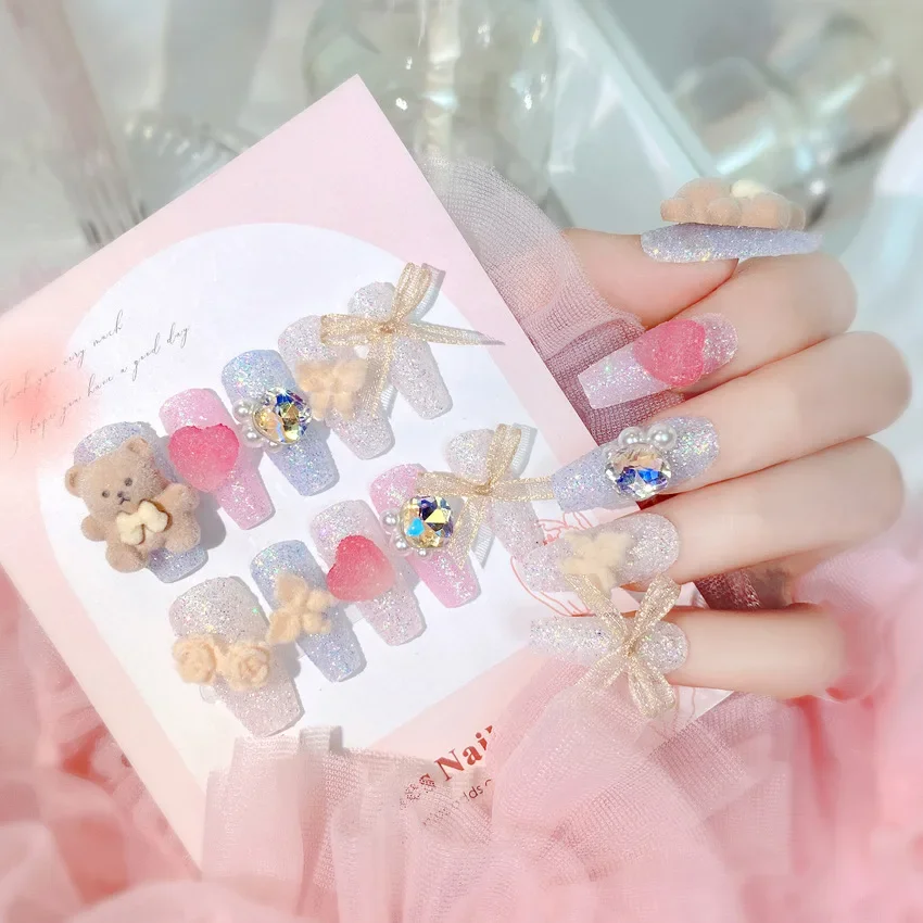 Long press on nail art,wearable nail for women and girls with decorative bow love fluffy bear big flash diamond,24pcs fake nail