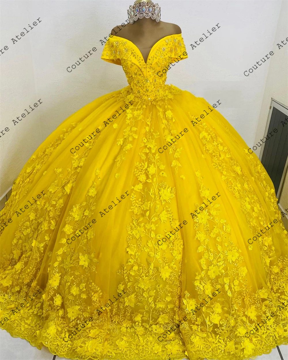 Pizzo giallo messicano con spalle scoperte 15 anni abito Quinceanera 2024 abito dolce 16 abito da festa Lace Up vstidos de gala