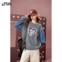 ELFSACK 2024 Autumn New Arrivals Contrast color denim stitching round neck sweater for women, loose college style top