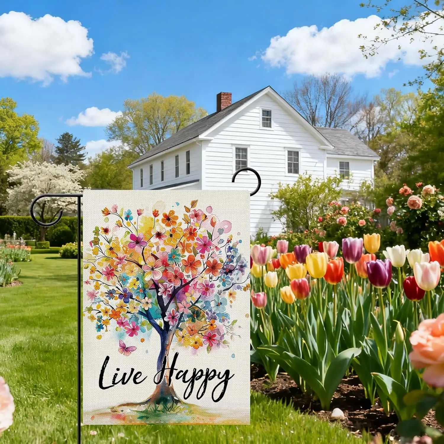 Dyrenson Spring Summer Floral Tree Decorative Garden Flag, Inspirational Live Happy Watercolor Flower Yard Outside Home Deco PPM