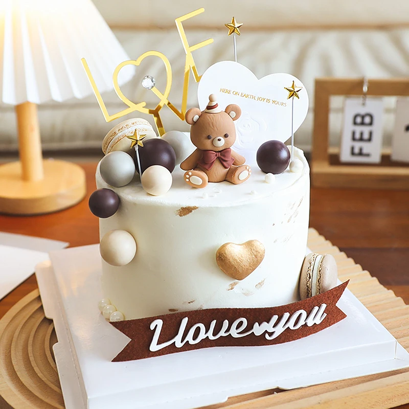 Bear Cake Toppers Birthday Cake Decoration Rubber Bear Figure Foam Balls Cupcake Toppers Baby Shower Teddy Bear Theme Party 1 PC