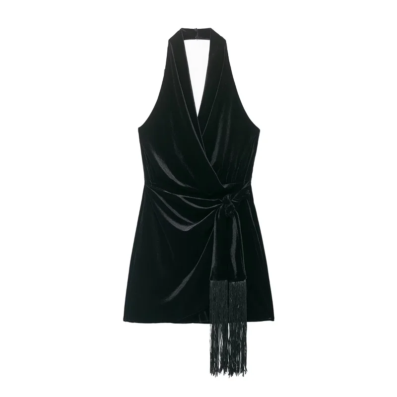 Women's Dress 2025 Autumn New Black Sleeveless Halter Neck Velvet Fringe Decorated Mini Dress Sexy and Fashionable Elegant