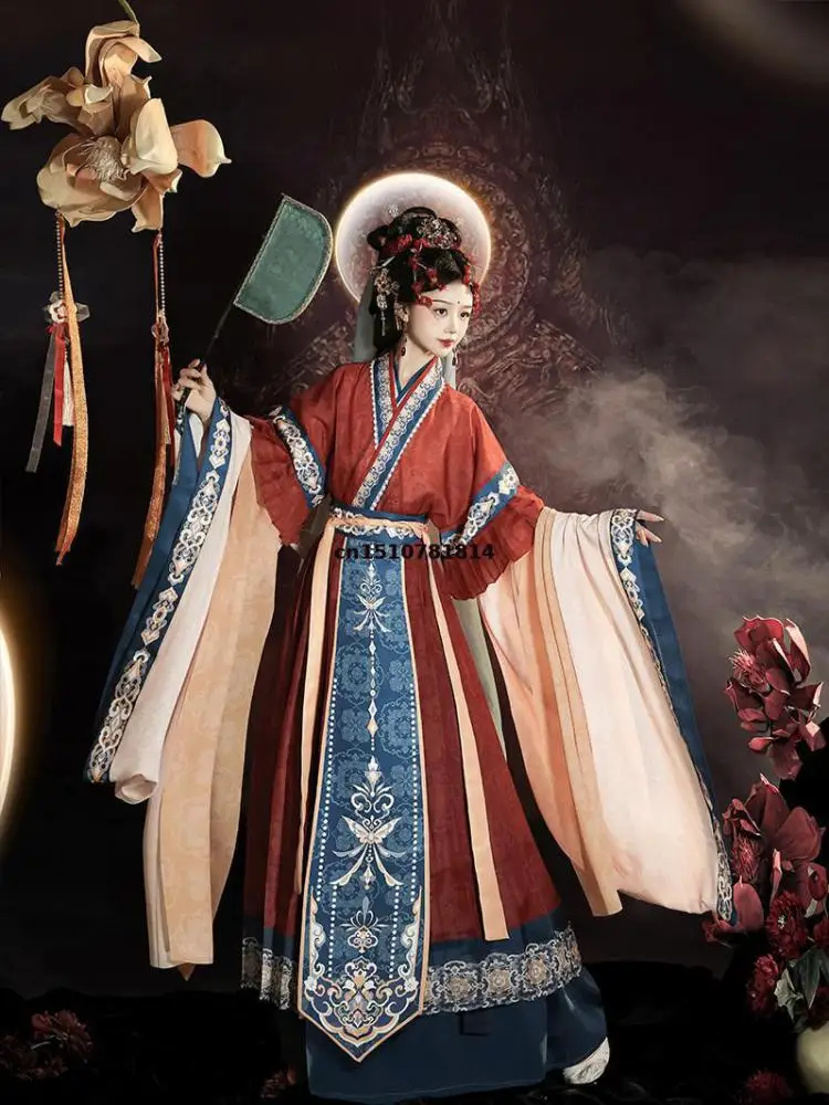 Women Hanfu Chinese Traditional Dress Ancient Wei Jin Style Embroidery Wide Sleeve Cosplay Costume Carnival Party Stage Wear