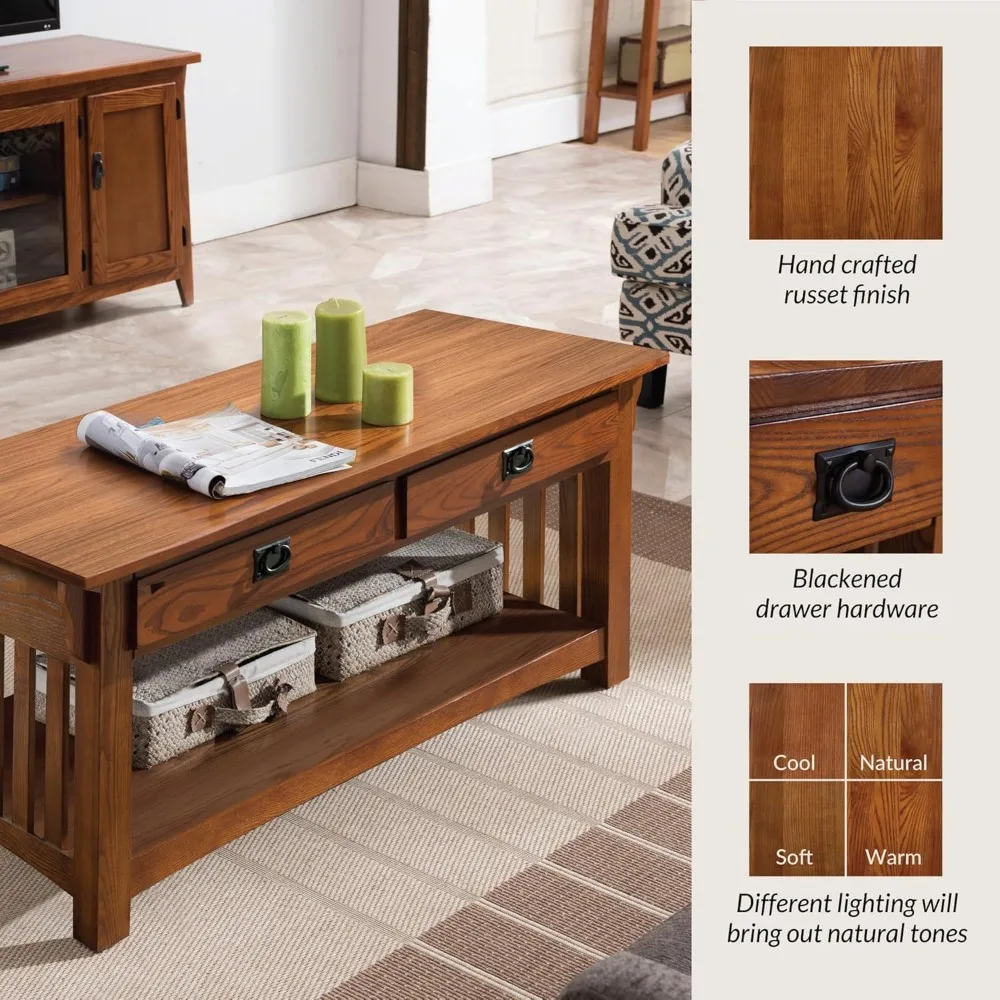 8204 Mission Living Room Flawless Coffee Table, Two Drawers and Shelves, Made of Solid Wood, Medium Oak Finish