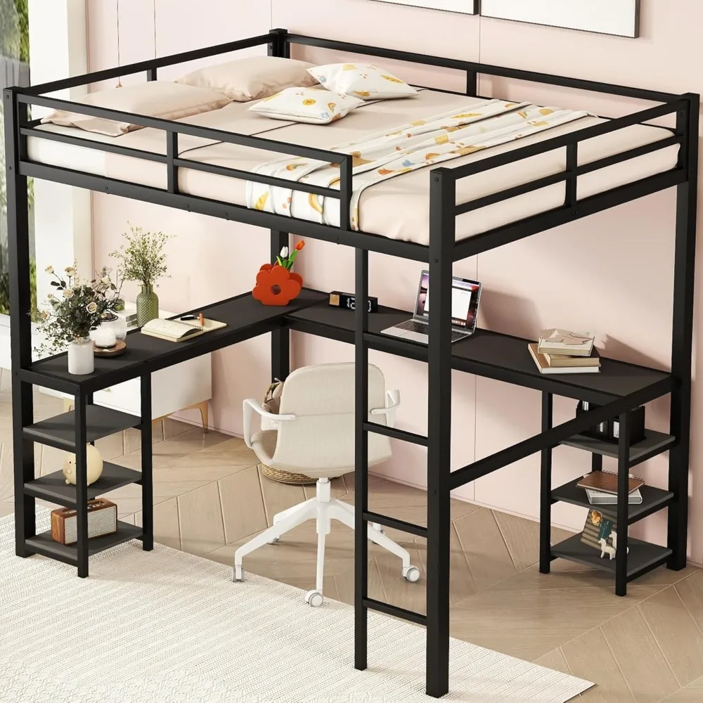 Cama completa do sótão do metal do tamanho com prateleiras do armazenamento, mesa L-dada forma e escada, resistente