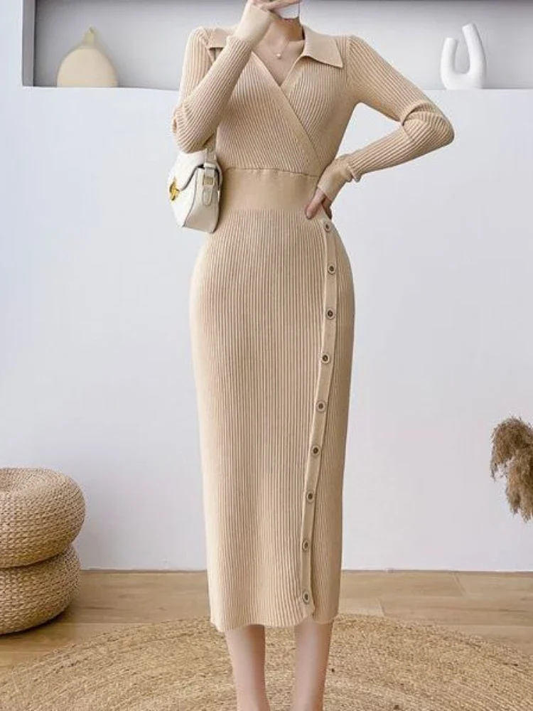 

Long Bodycon Dress Women's Autumn Winter Waist Line Mid Length Wrap Skirt V-neck Slim Fit Knitwear Dresses for Women Sweater