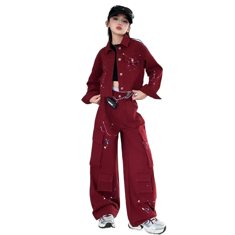 

Girls' Spring and Autumn Denim Two-piece Set New Children's Long-sleeved Jacket Medium and Older Children's Casual Overalls Set