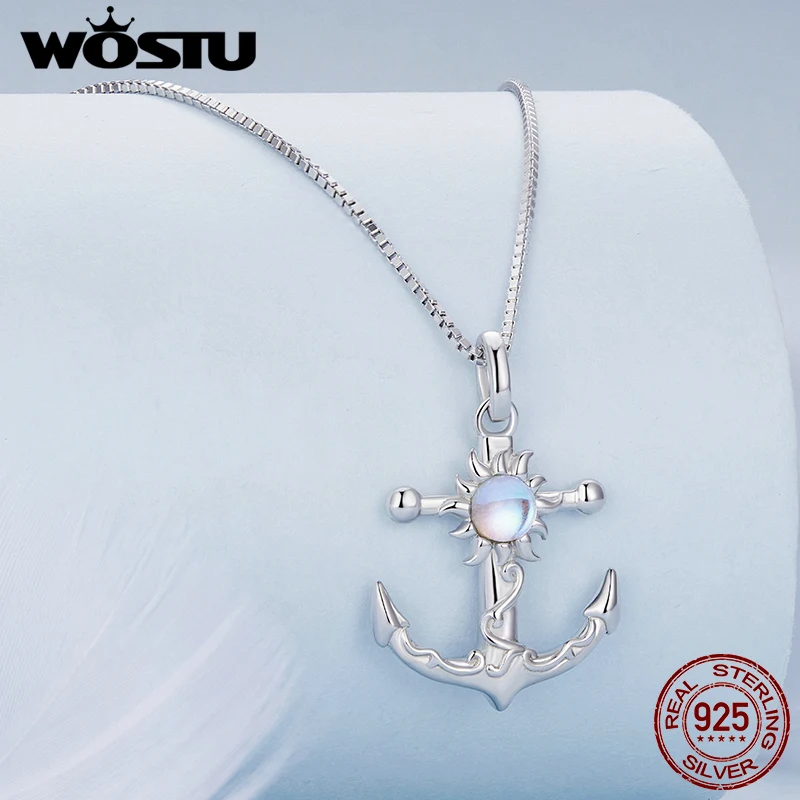 WOSTU 925 Sterling Silver Anchor Necklace with Transparent Glass Fine Jewelry for Women Sea Summer Sailor Series Travel Gift