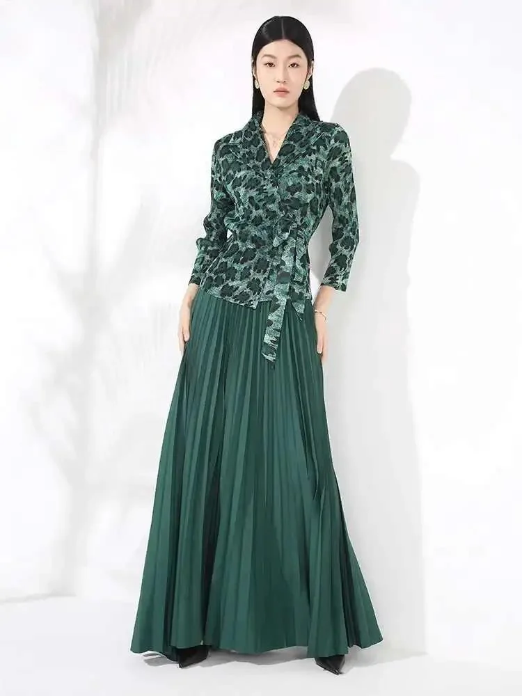 Print Pleated Leopard Suit Collar With Tie Up Long Sleeved Top, High Waist Long Half Skirt Two-piece Set Women 202XSN