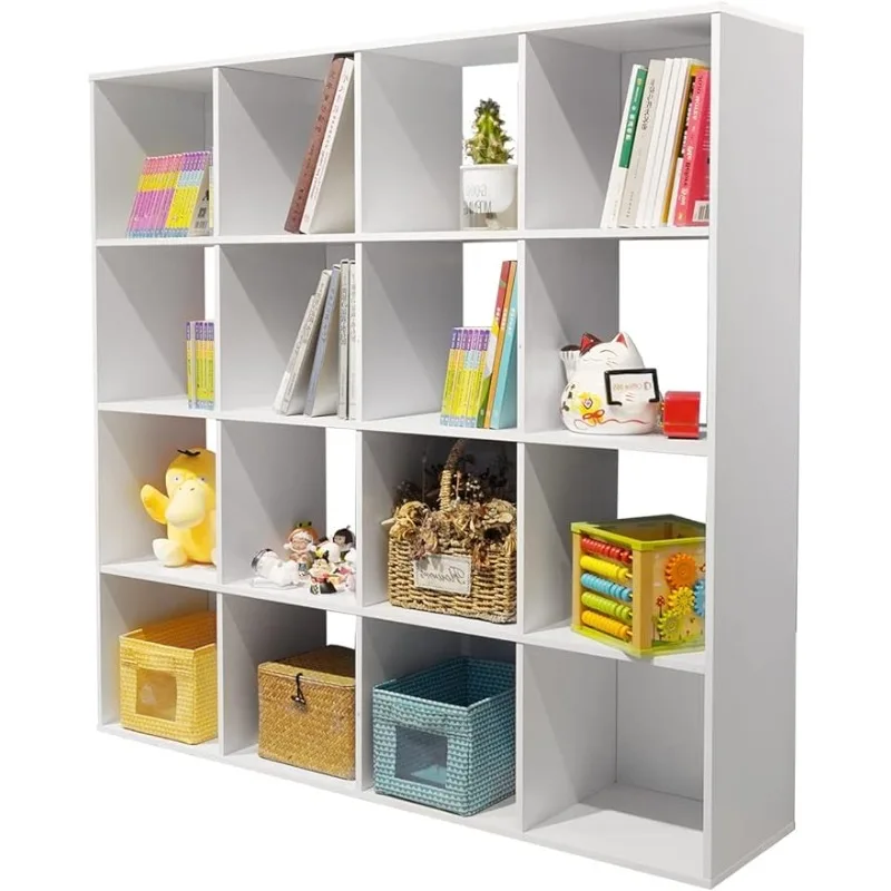 US Toy Storage Shelf, 16-Cube White Wooden Storage Organizer Bookcase Fits 11“x11”x11“ Storage Bin, Bookshelf System Display