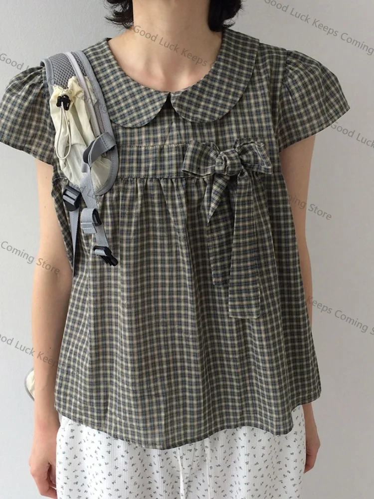 

2025 Premium Plaid Doll irt Women's Summer New Vintage Bubble Sve Top Knot Decoration Commute Sle ort Sve