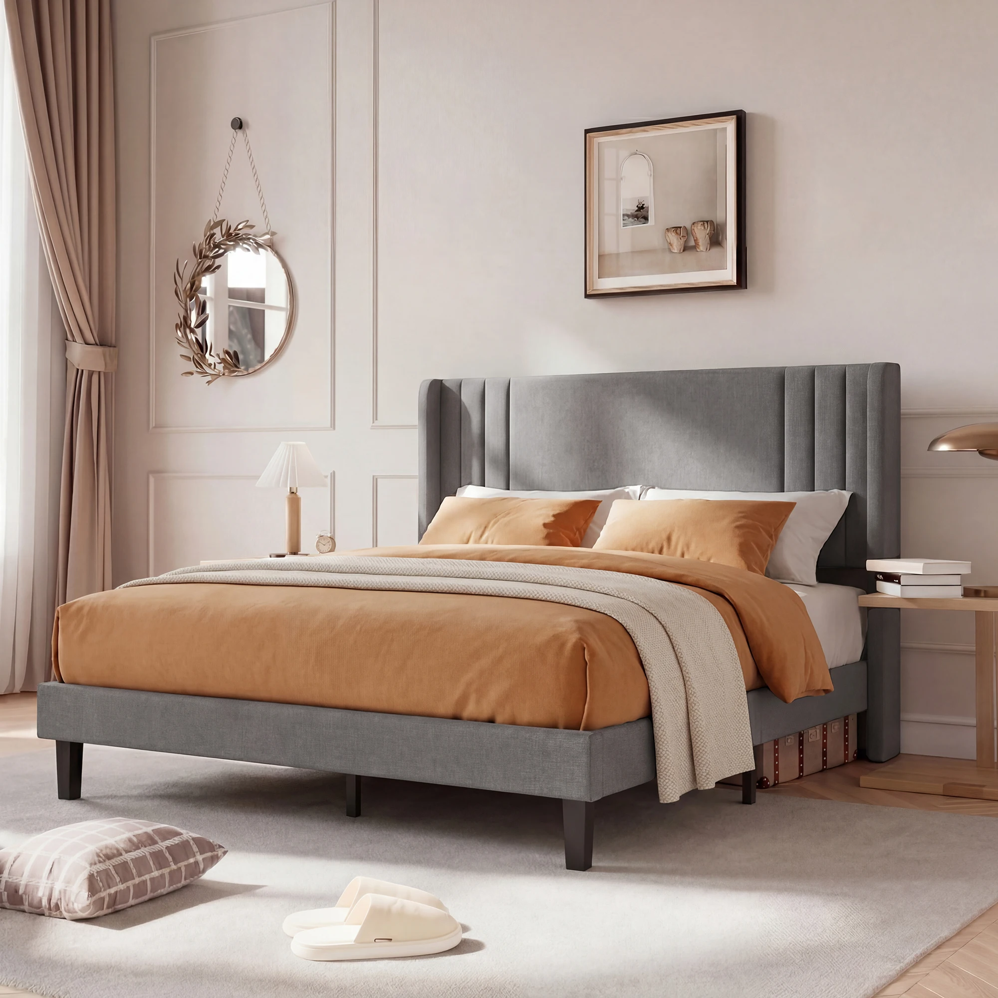 Anajqaqia Cama Doble Tapizada en Lino Gris de 160x200cm, Base de Cama con Cabecera de Alerón y Láminas Resistentes, Colchón No Incluido