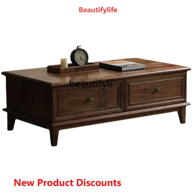 

S American-Style Solid Wood TeaTable with Drawer Rectangular Modern Minimalist Mid-Ancient Tea Table Living Room Furniture Stora