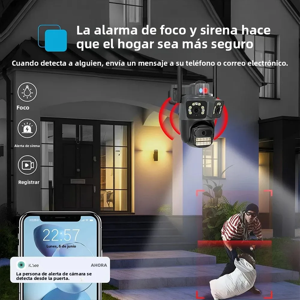 Telecamera IP Ptz da esterno HD a 3 obiettivi da 9 MP: 3 schermi, Wifi, telecamera di sicurezza CCTV wireless, tracciamento automatico, visione notturna 4K, Icsee, impermeabile, sorveglianza e monitor per neonati/animali domestici